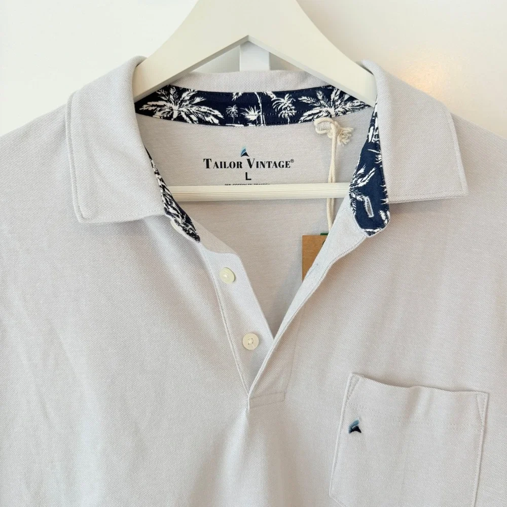 Tailor Vintage Mens Large Gray Pique Polo Shirt Palm Tree Collar Trim NWT - Picture 4 of 4